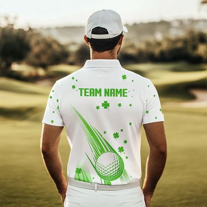 Green and White shamrock Lucky Mens golf polo shirts Custom St Patrick Day golf attire for men NQS9500