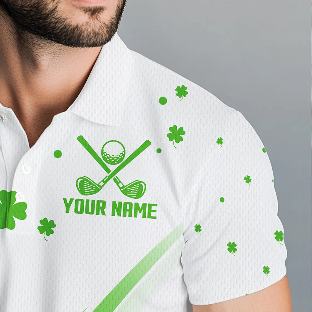 Green and White shamrock Lucky Mens golf polo shirts Custom St Patrick Day golf attire for men NQS9500