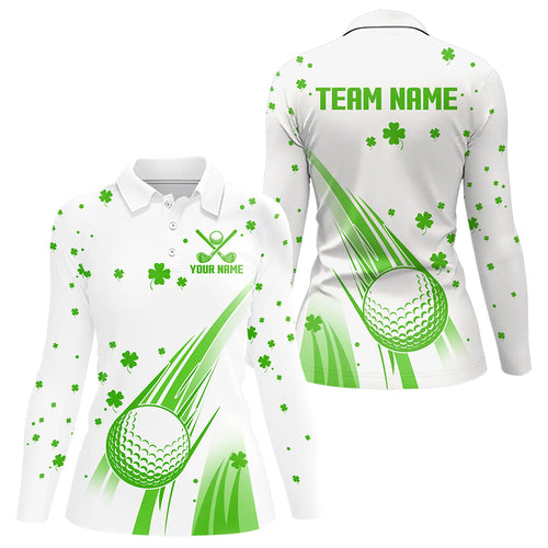 Green and White shamrock Lucky Womens golf polo shirts Custom St Patrick Day golf attire for ladies NQS9500