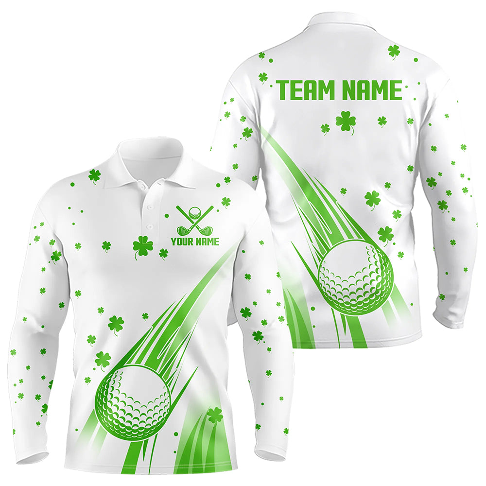 Green and White shamrock Lucky Mens golf polo shirts Custom St Patrick Day golf attire for men NQS9500
