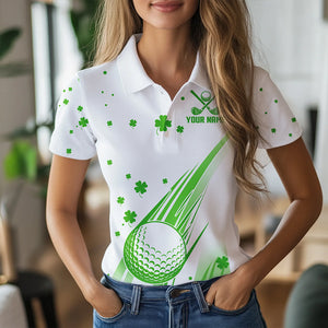 Green and White shamrock Lucky Womens golf polo shirts Custom St Patrick Day golf attire for ladies NQS9500
