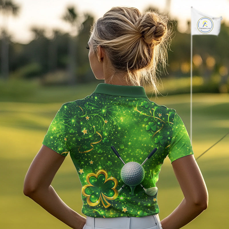 Happy St Patrick's Day Green and Gold Shamrock Womens Golf Polo Shirts Custom Golf Clothes for Ladies NQS11629
