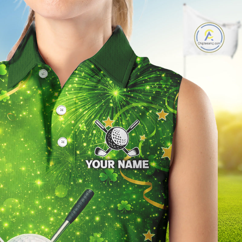 Happy St Patrick's Day Green and Gold Shamrock Ladies Sleeveless Golf Shirt Custom Women Golf Clothes NQS11629