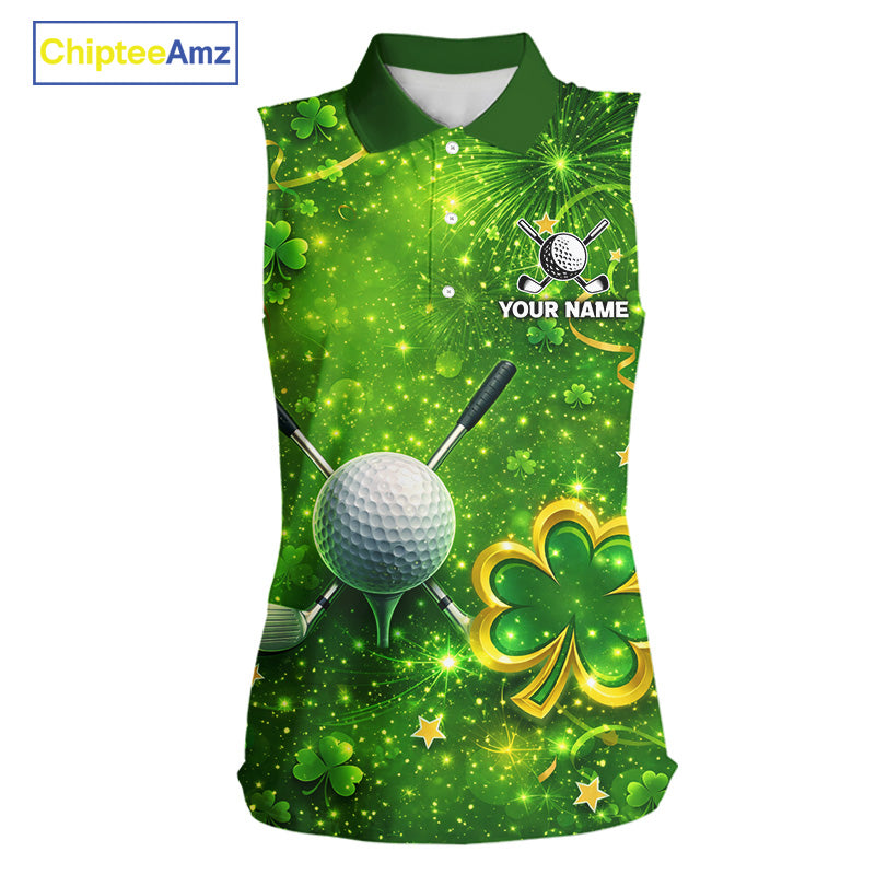 Happy St Patrick's Day Green and Gold Shamrock Ladies Sleeveless Golf Shirt Custom Women Golf Clothes NQS11629