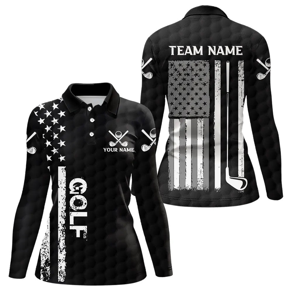 Black and White Retro American Flag Women golf polo shirts custom team patriotic golf gifts golfer NQS9663