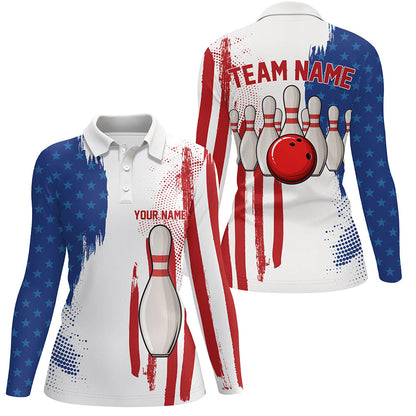 Red white & blue American flag Women bowling Polo, Quarter Zip shirt Custom Bowling Team League Jersey NQS7624