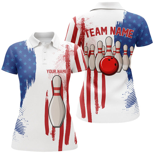 Red white & blue American flag Women bowling Polo, Quarter Zip shirt Custom Bowling Team League Jersey NQS7624