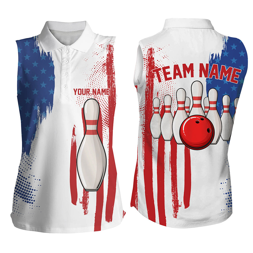 Red white and blue American flag Women sleeveless polo shirts Custom Bowling Team League Jersey NQS7624