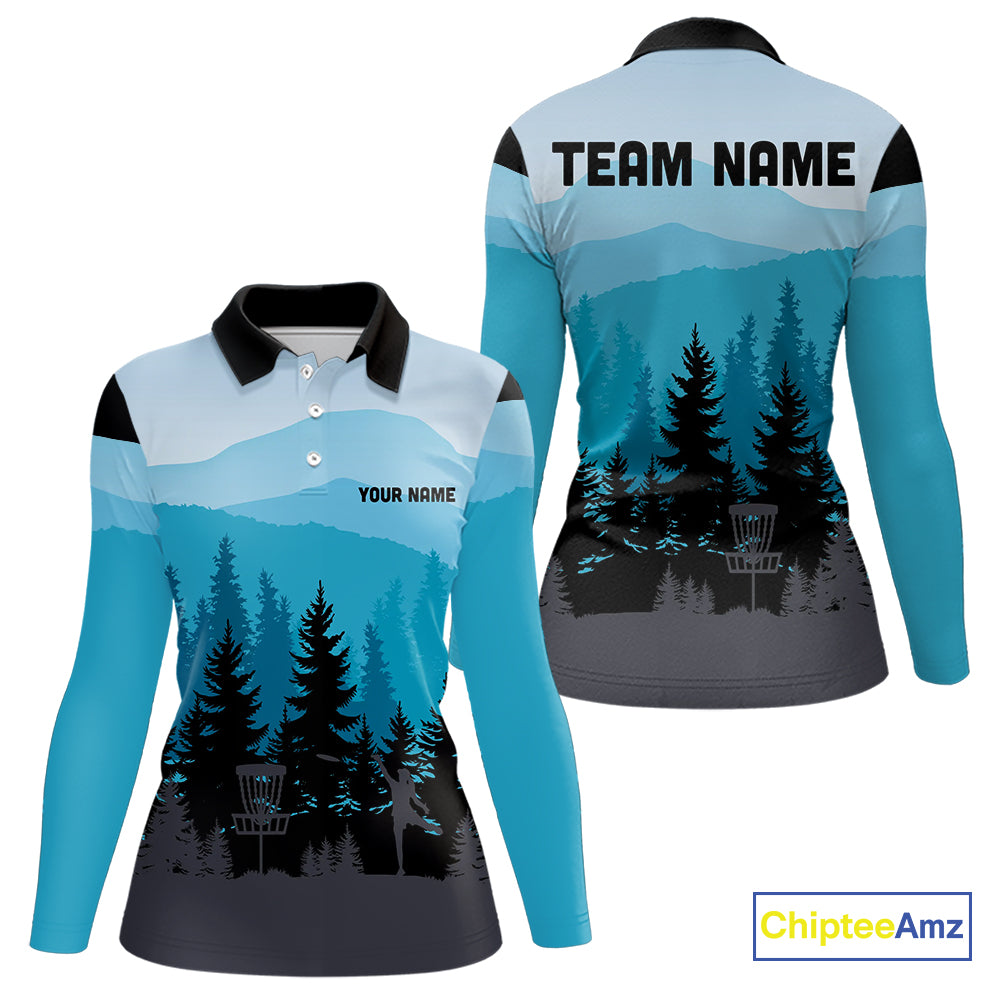 Blue pattern forest Women Disc golf polo shirts Custom team disc golf jerseys for ladies NQS9943