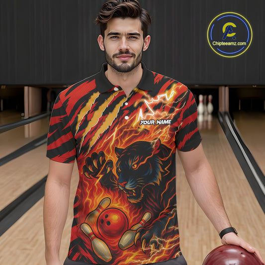 Personalized Tiger Bowling Shirts For Men, Orange Flame Lightning Thunder Tiger Team Bowling Jerseys NQS9947