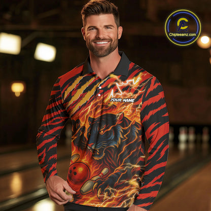 Personalized Tiger Bowling Shirts For Men, Orange Flame Lightning Thunder Tiger Team Bowling Jerseys NQS9947