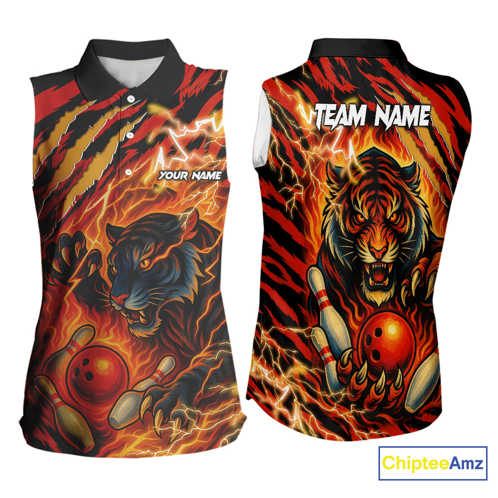 Personalized Tiger Bowling Sleeveless Polo Shirt, Orange Flame Lightning Thunder Team Bowling Jerseys NQS9947