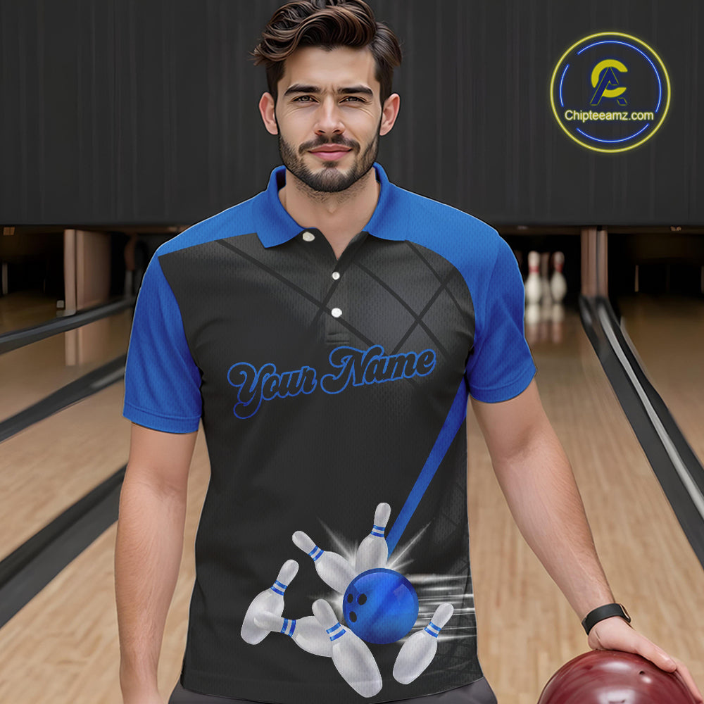 Black and blue bowling league jersey custom Mens Bowling Polo, 1/4 zip Shirt, gifts for men bowler NQS10095
