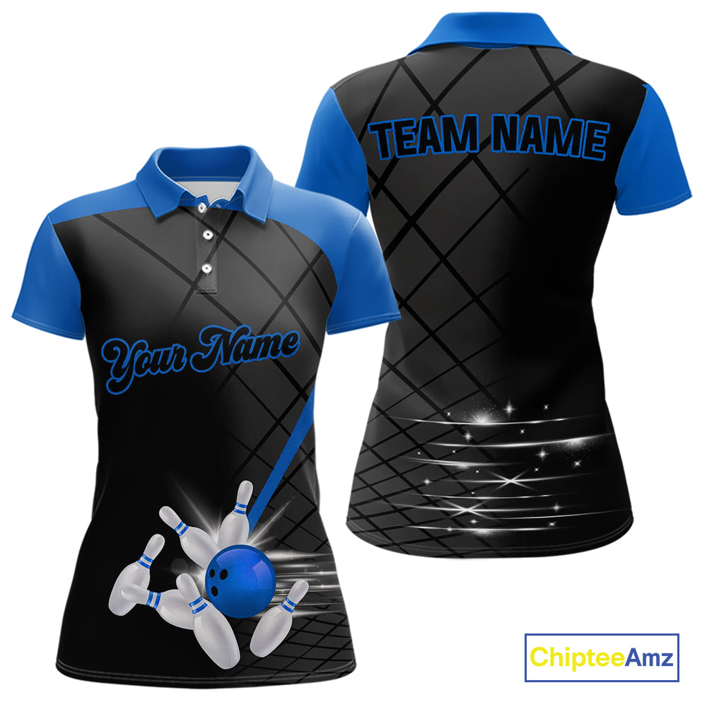 Black & blue bowling league jersey custom Women Bowling Polo, 1/4 zip Shirt, gifts for ladies bowler NQS10095