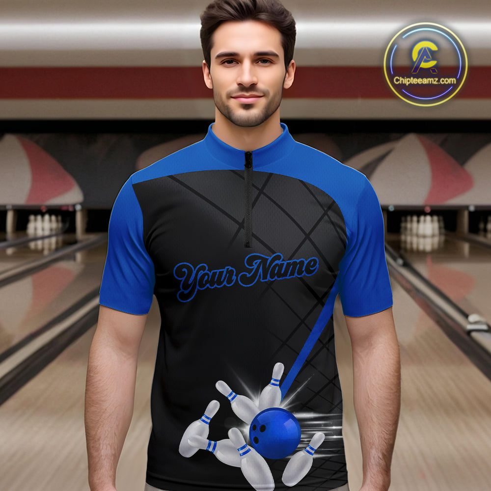Black and blue bowling league jersey custom Mens Bowling Polo, 1/4 zip Shirt, gifts for men bowler NQS10095