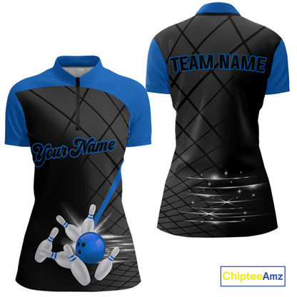 Black & blue bowling league jersey custom Women Bowling Polo, 1/4 zip Shirt, gifts for ladies bowler NQS10095
