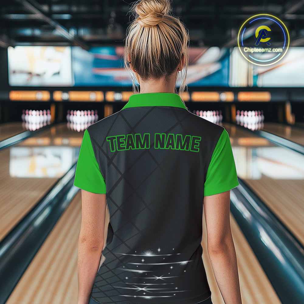 Black & Green bowling league jersey custom Women Bowling Polo, 1/4 zip Shirt, gifts for ladies bowler NQS10096