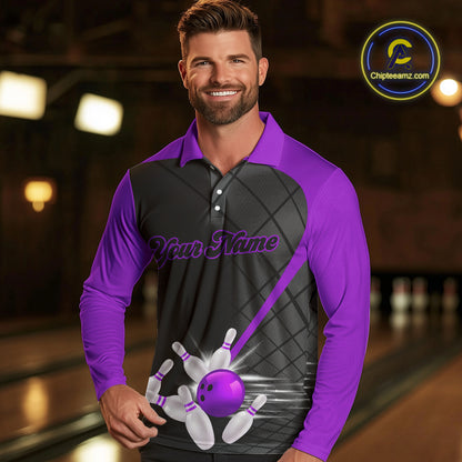 Black and Purple bowling league jersey custom Mens Bowling Polo, 1/4 zip Shirt, gifts for men bowler NQS10097