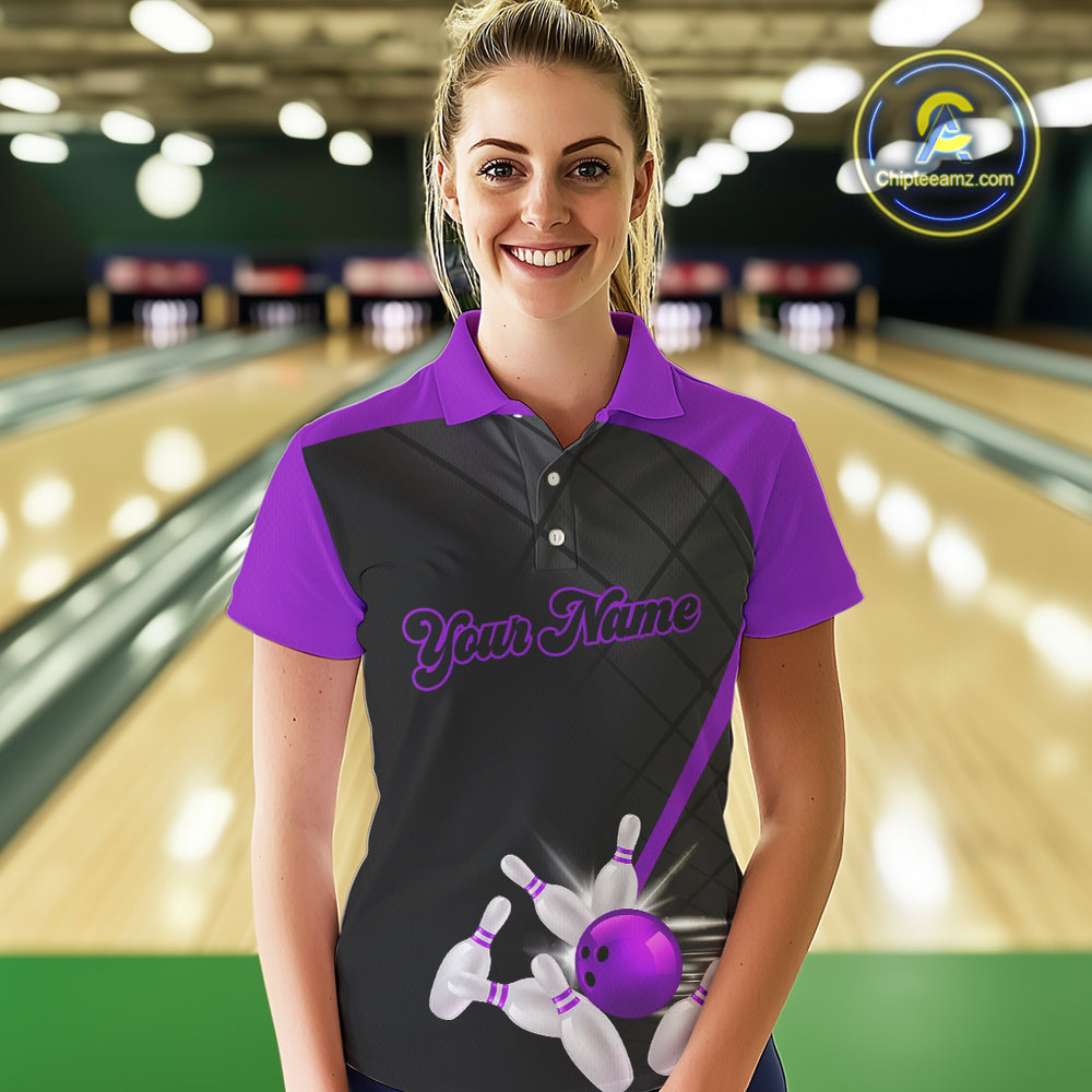 Black & Purple bowling league jersey custom Women Bowling Polo, 1/4 zip Shirt, gift for ladies bowler NQS10097