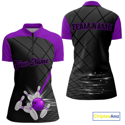 Black & Purple bowling league jersey custom Women Bowling Polo, 1/4 zip Shirt, gift for ladies bowler NQS10097