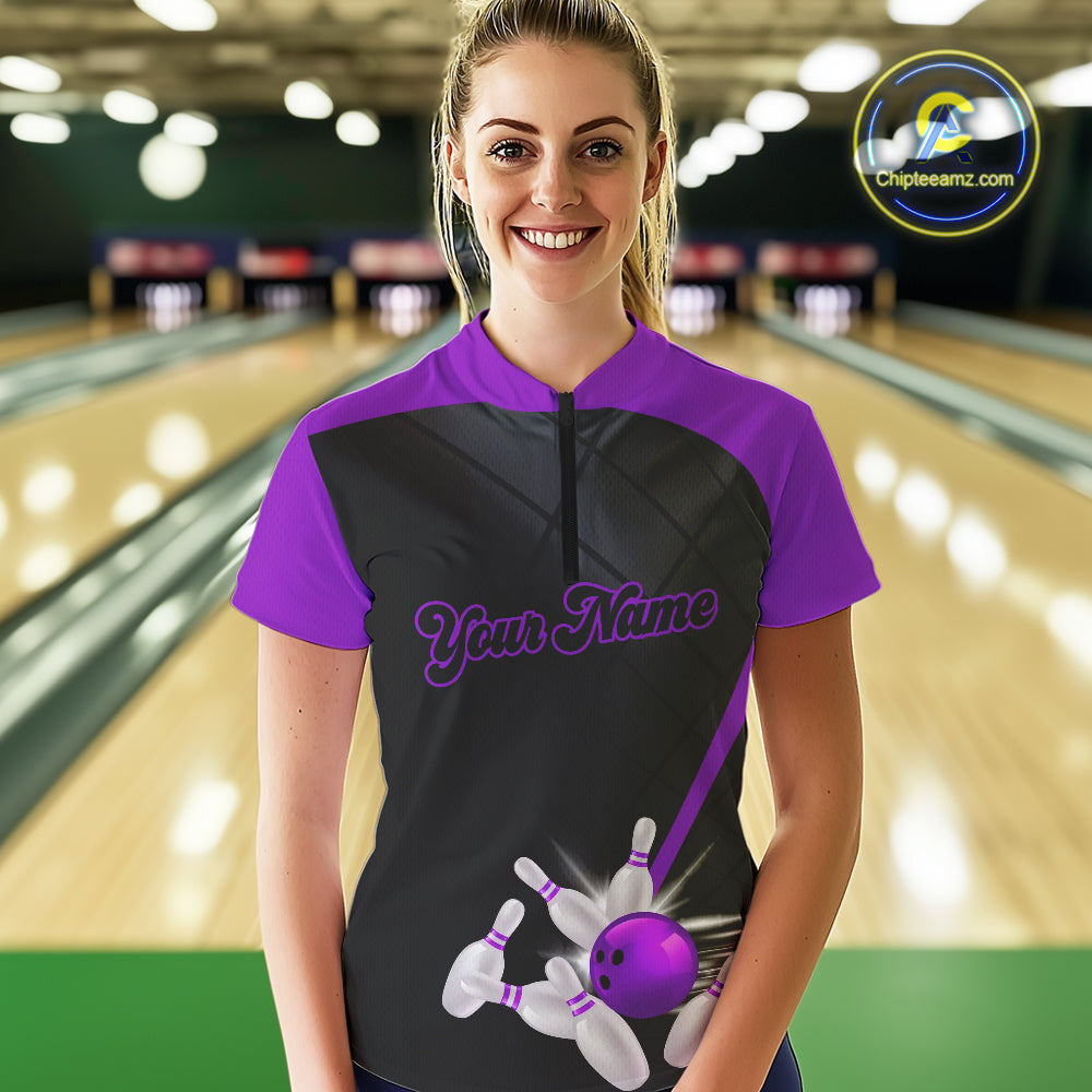 Black & Purple bowling league jersey custom Women Bowling Polo, 1/4 zip Shirt, gift for ladies bowler NQS10097