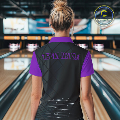 Black & Purple bowling league jersey custom Women Bowling Polo, 1/4 zip Shirt, gift for ladies bowler NQS10097