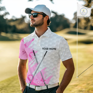 Pink ribbon breast cancer pattern custom name white Mens golf polo shirts, team golf tops for men NQS10421