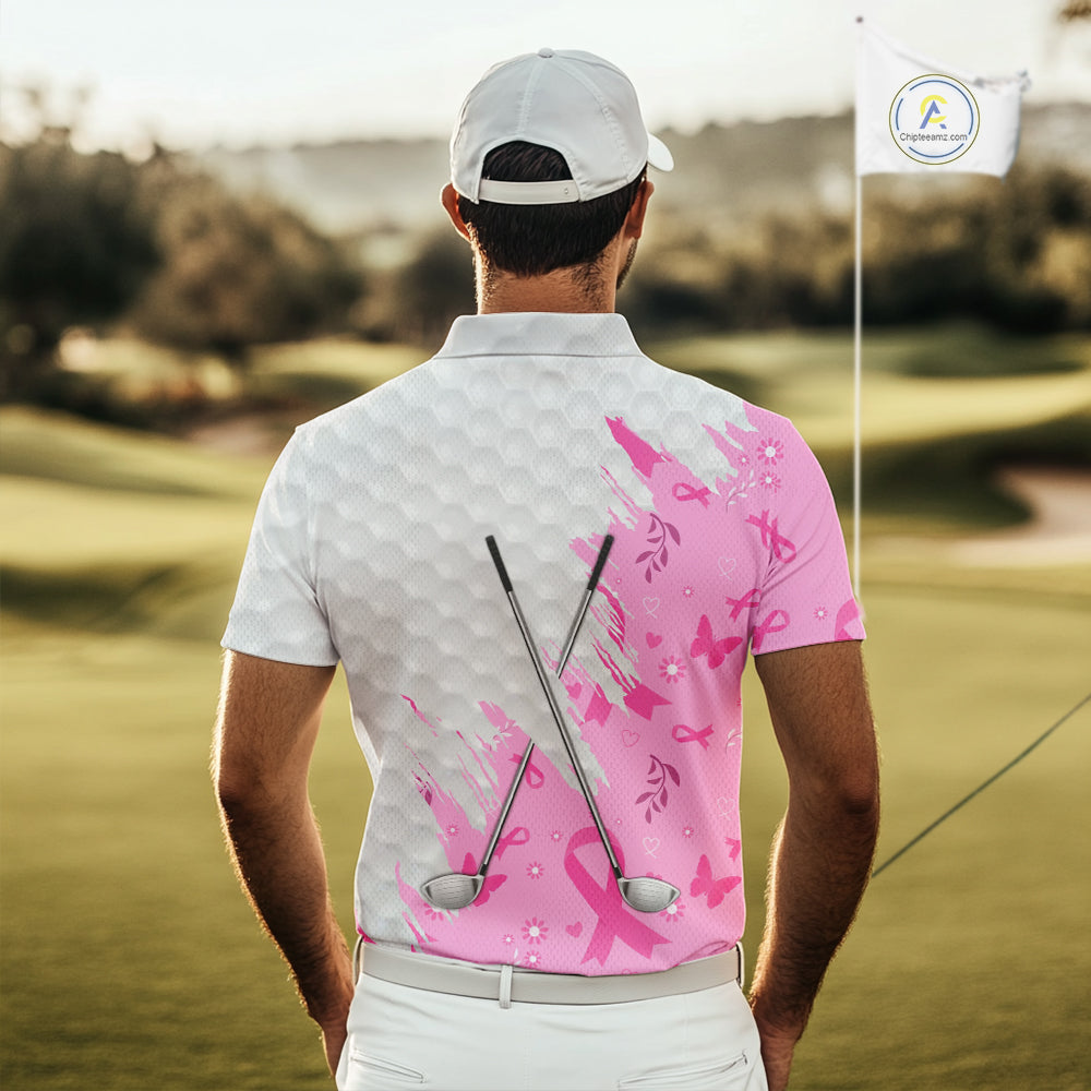 Pink ribbon breast cancer pattern custom name white Mens golf polo shirts, team golf tops for men NQS10421