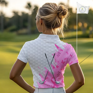 Pink ribbon breast cancer pattern custom name white Women golf polo shirts, team golf tops for ladies NQS10421