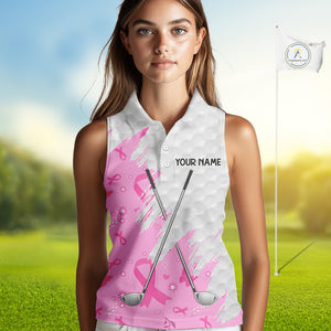 Pink ribbon breast cancer pattern custom name white Women Sleeveless polo shirts team ladies golf top NQS10421