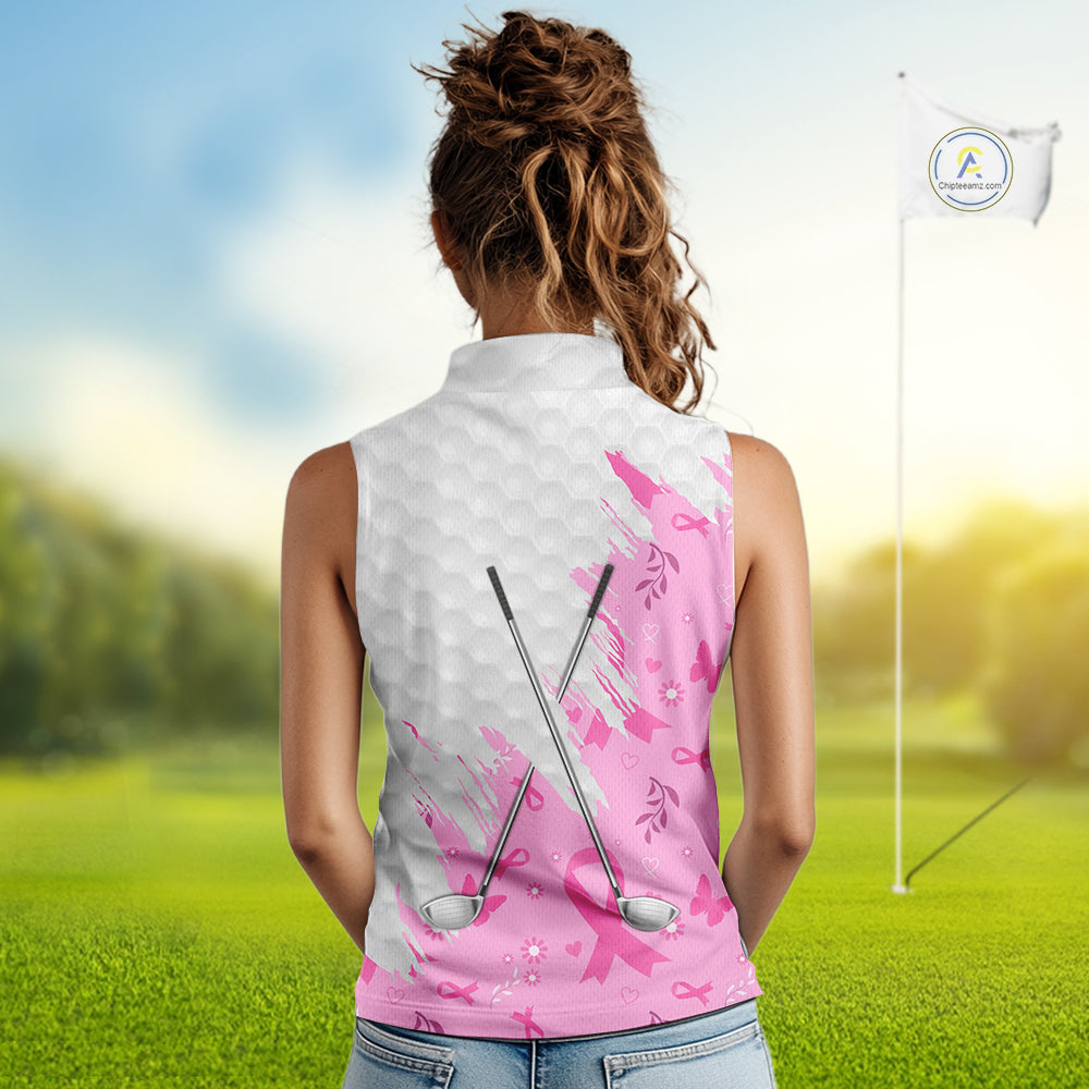 Pink ribbon breast cancer pattern custom name white Women Sleeveless polo shirts team ladies golf top NQS10421