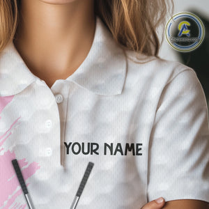 Light Pink ribbon breast cancer pattern custom white Women golf polo shirt, team ladies golf top NQS10422