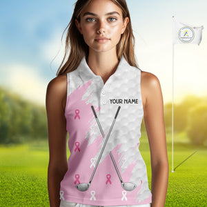 Light Pink ribbon breast cancer pattern custom white Sleeveless Polo Shirt, team ladies golf top NQS10422