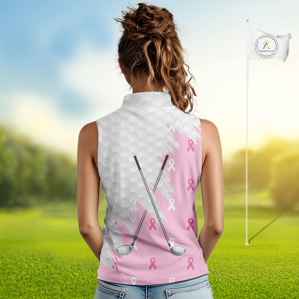 Light Pink ribbon breast cancer pattern custom white Sleeveless Polo Shirt, team ladies golf top NQS10422