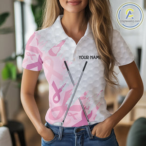 Breast cancer Women golf polo shirts custom Pink ribbon pattern golf clubs team golf tops for ladies NQS10423