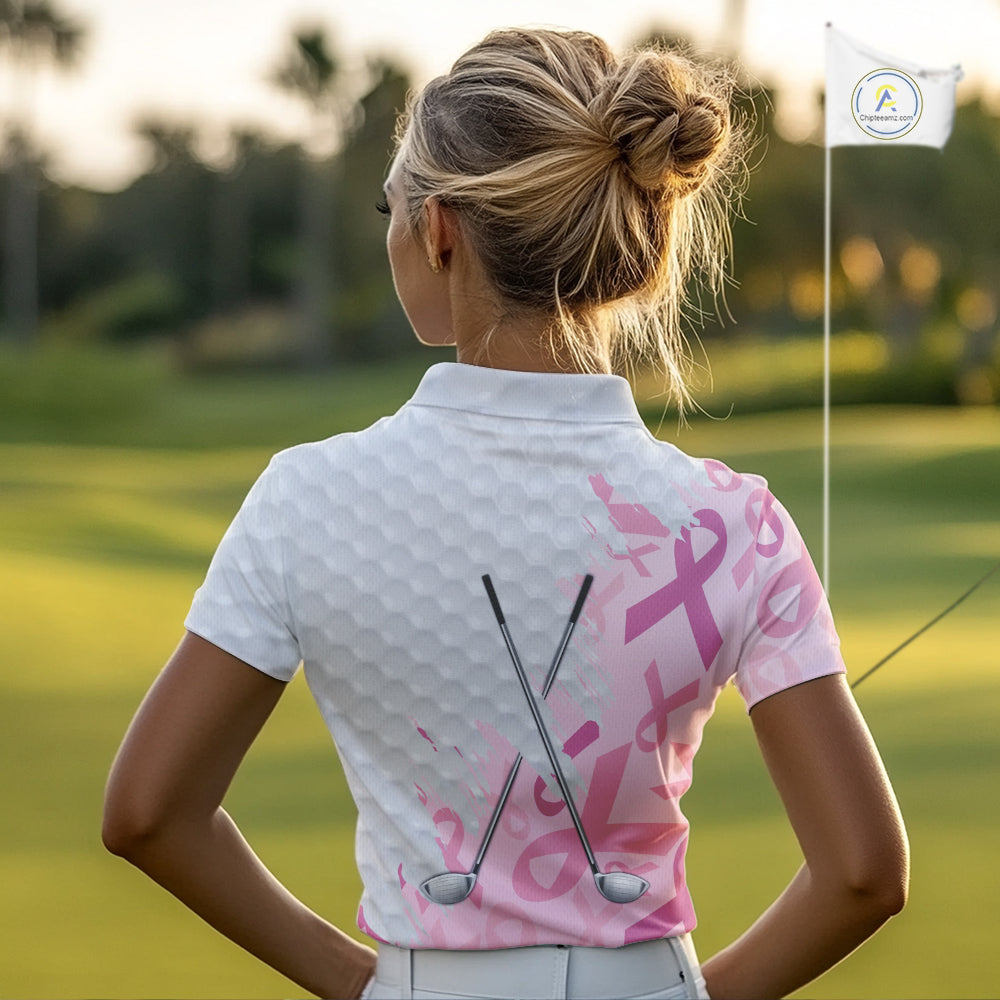 Breast cancer Women golf polo shirts custom Pink ribbon pattern golf clubs team golf tops for ladies NQS10423