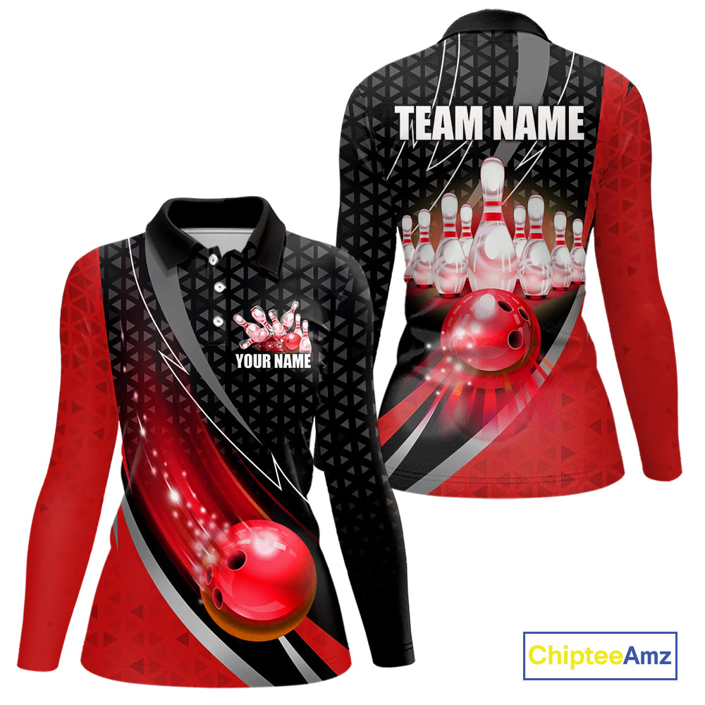 Black and Red Bowling Camo Polo, 1/4 Zip Shirt for Women Custom Team Bowling jerseys, Bowler Outfit NQS10424