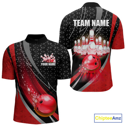 Black and Red Bowling Camo Polo, 1/4 Zip Shirt for Men Custom Team Bowling jerseys, Bowler Outfit NQS10424