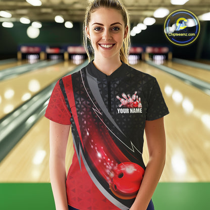 Black and Red Bowling Camo Polo, 1/4 Zip Shirt for Women Custom Team Bowling jerseys, Bowler Outfit NQS10424