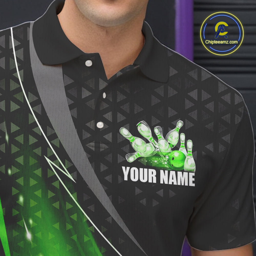 Black and Green Bowling Camo Polo, 1/4 Zip Shirt for Men Custom Team Bowling jerseys, Bowler Outfit NQS10425