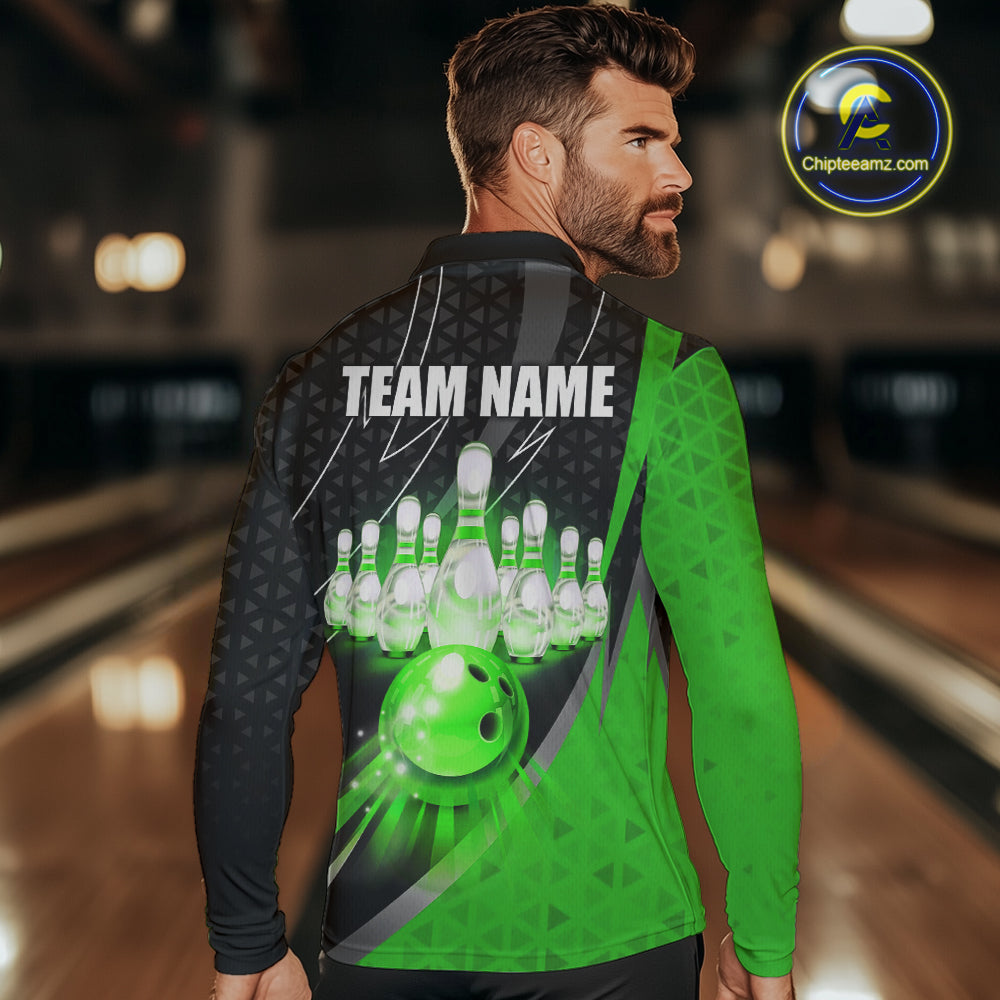 Black and Green Bowling Camo Polo, 1/4 Zip Shirt for Men Custom Team Bowling jerseys, Bowler Outfit NQS10425