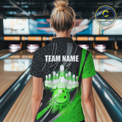 Black and Green Bowling Camo Polo, 1/4 Zip Shirt for Women Custom Team Bowling jerseys, Bowler Outfit NQS10425