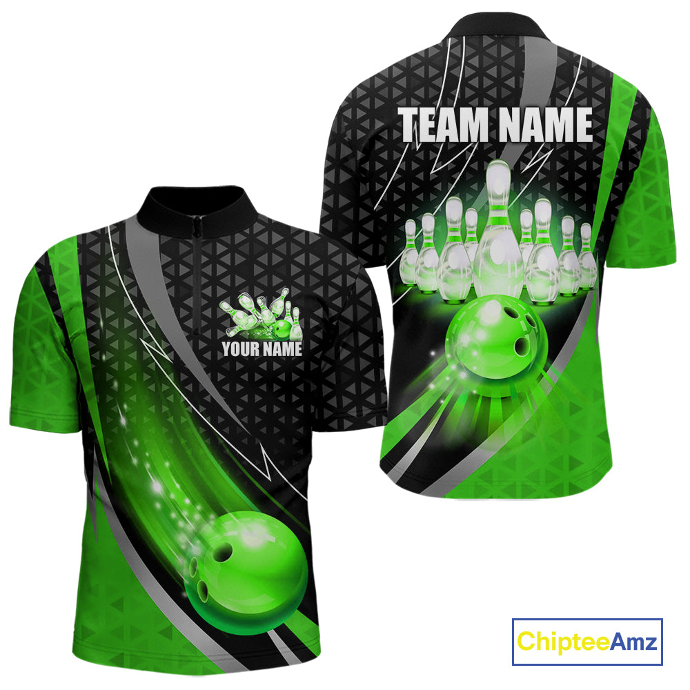 Black and Green Bowling Camo Polo, 1/4 Zip Shirt for Men Custom Team Bowling jerseys, Bowler Outfit NQS10425