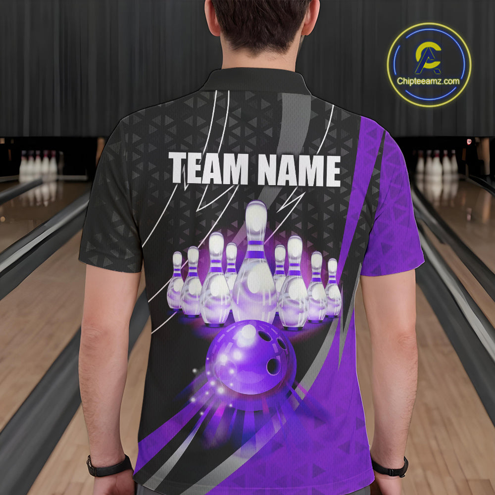 Black and Purple Bowling Camo Polo, 1/4 Zip Shirt for Men Custom Team Bowling jerseys, Bowler Outfit NQS10426