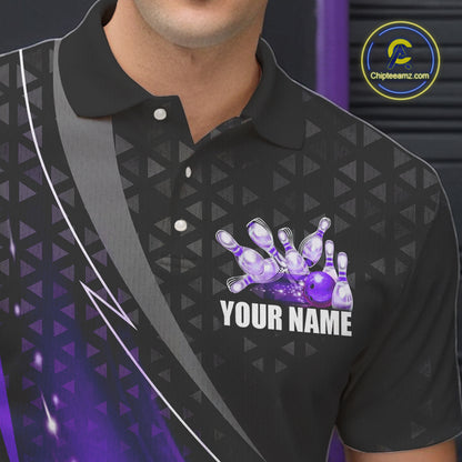 Black and Purple Bowling Camo Polo, 1/4 Zip Shirt for Men Custom Team Bowling jerseys, Bowler Outfit NQS10426