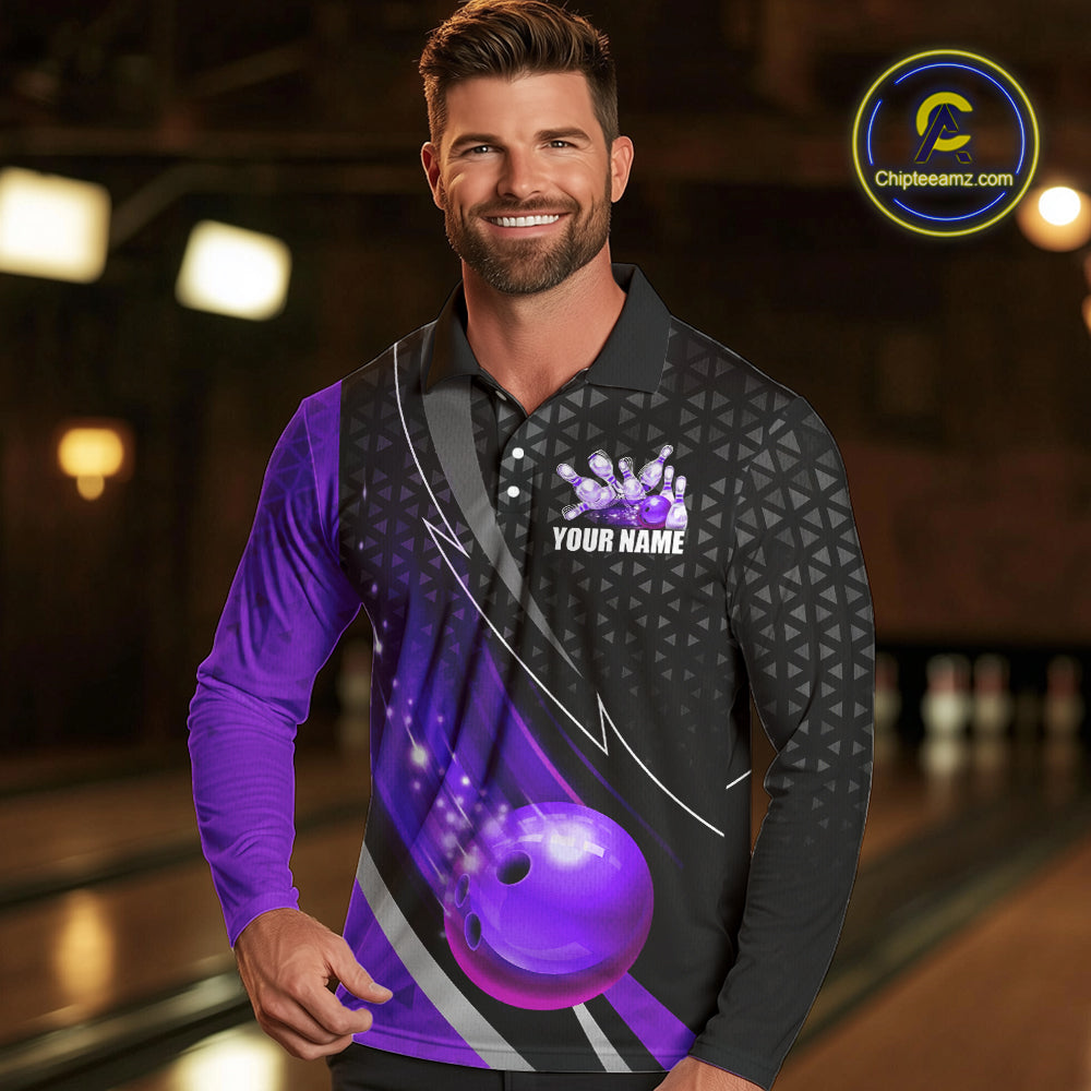 Black and Purple Bowling Camo Polo, 1/4 Zip Shirt for Men Custom Team Bowling jerseys, Bowler Outfit NQS10426