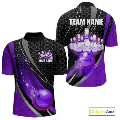 Black and Purple Bowling Camo Polo, 1/4 Zip Shirt for Men Custom Team Bowling jerseys, Bowler Outfit NQS10426
