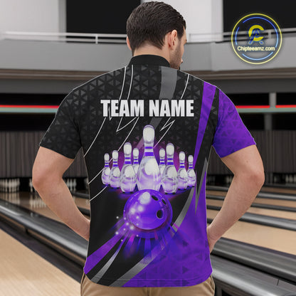 Black and Purple Bowling Camo Polo, 1/4 Zip Shirt for Men Custom Team Bowling jerseys, Bowler Outfit NQS10426