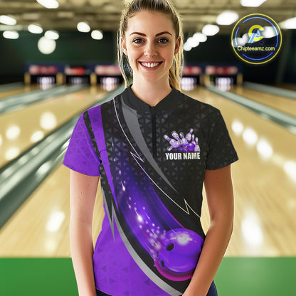 Black and Purple Bowling Camo Polo, 1/4 Zip Shirt for Women Custom Team Bowling jersey, Bowler Outfit NQS10426