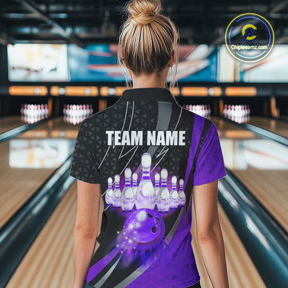 Black and Purple Bowling Camo Polo, 1/4 Zip Shirt for Women Custom Team Bowling jersey, Bowler Outfit NQS10426